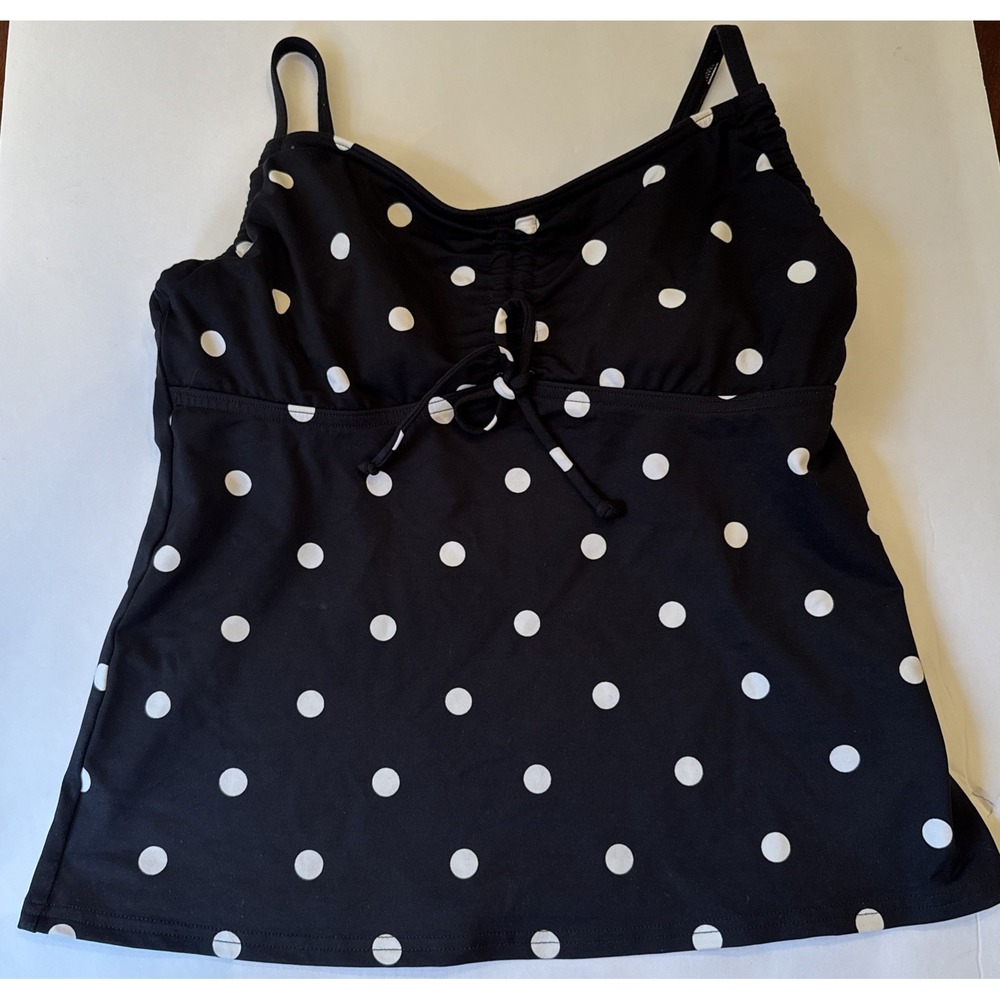 Land's End Tankini Top Black White Size‎ 2P Polka Dot Adjustable Strap